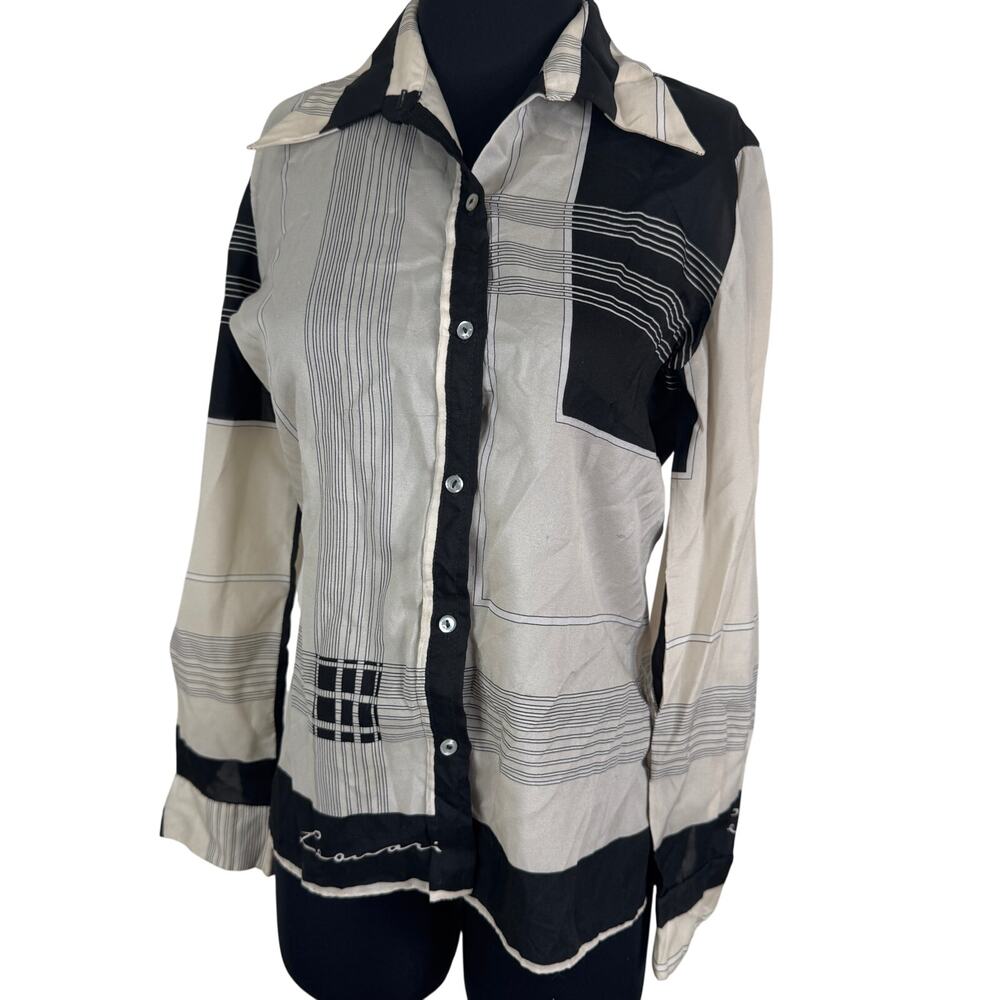 Vintage 1970s Leonardi Italy Geometric Print Designer Silk Shirt DAMAGED AS-IS